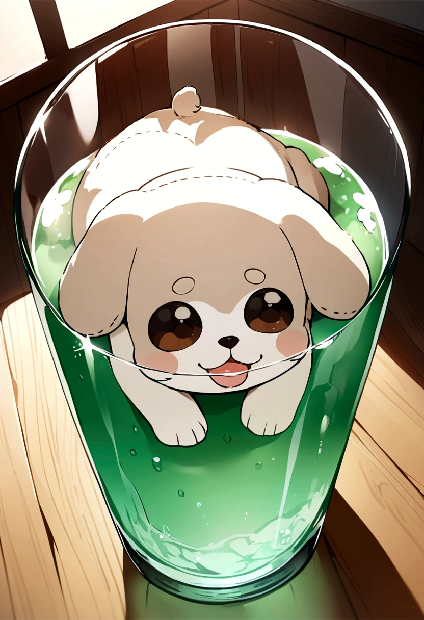 Glass in the shape of a puppy from top to bottom, clear, uneven, cream melon soda inside the glass, with straw, best image quality
