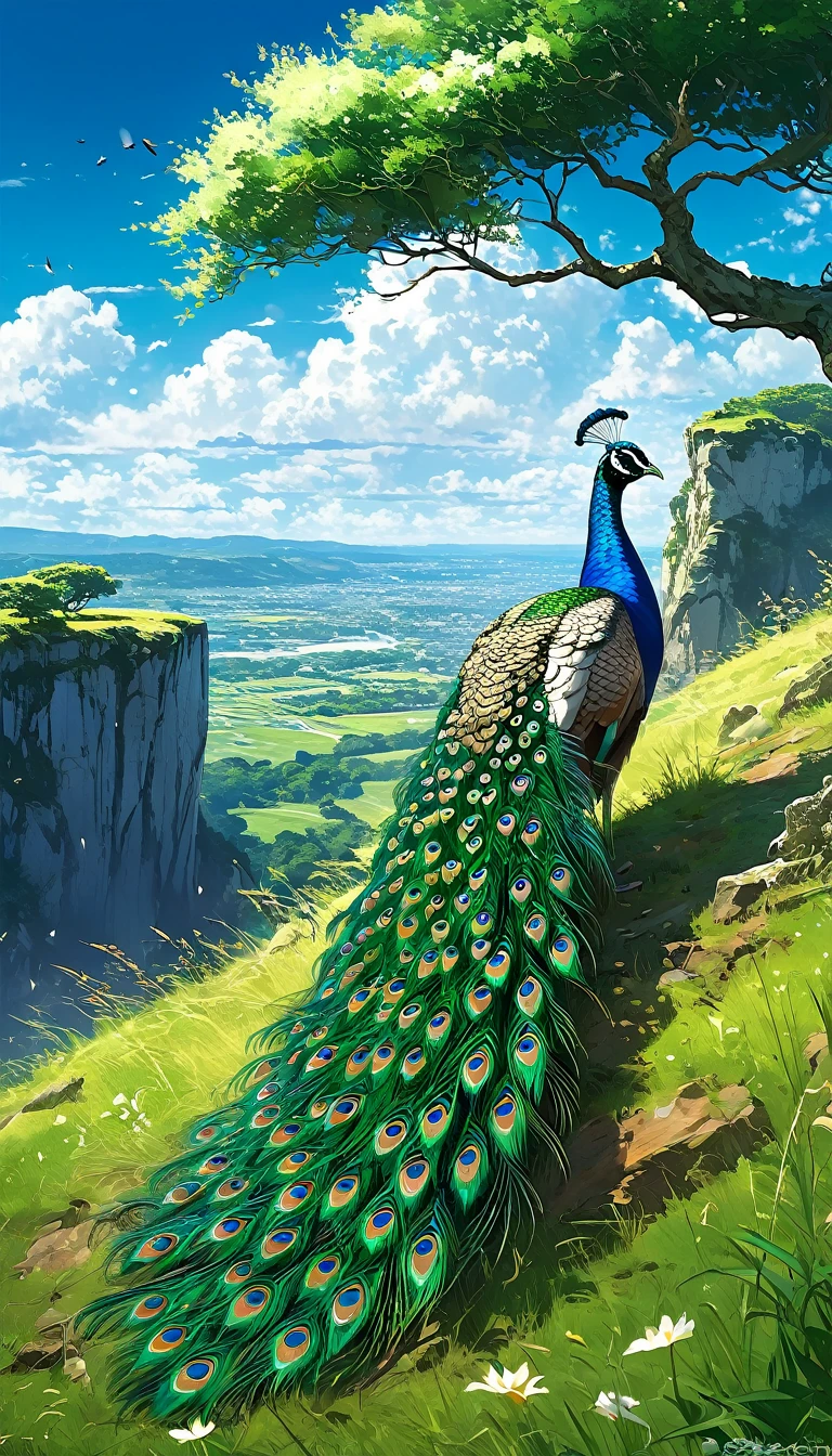 a peacock sitting under a tree near a cliff in a meadow , seeing a vast blue sky with fluffy clouds and brush strokes , tall grasses stones, , makoto shinkai cyril rolando, anime art wallpaper 4k, anime art wallpaper 4k, animated background, anime art wallpaper 8K, animated background art, Anime Landscape Wallpaper, amazing wallpaper, HD wallpaper, 4k anime wallpaper, 4k anime wallpaper, Aries Moross art,art by Bob Byerley , AshleyWoodArtAI, greg rutkowski