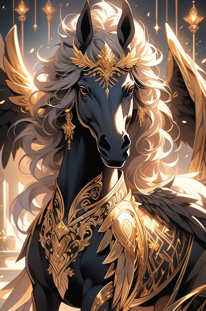 a close up of a black horse with gold and silver decorations, mythical creature, golden and copper shining armor, with hooves and wings, black wings instead of arms, ((a beautiful fantasy empress)), exquisite and handsome wings, a mythical creature, as a mystical valkyrie, majestic wings, in dark robes with gold accents, male centaur centaur chimera