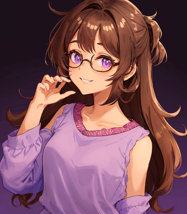 A young girl with glasses and short, flowing brown hair and brown skin. She is wearing a purple shirt and white shorts. She is standing in front of a black background. Her hair is long and loose to her shoulders. She has brown eyes and red glasses. She has a thin, friendly smile.