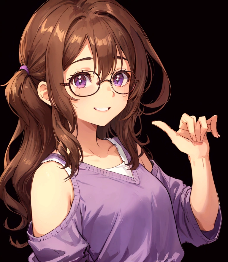 A young girl with glasses and short, flowing brown hair and brown skin. She is wearing a purple shirt and white shorts. She is standing in front of a black background. Her hair is long and loose to her shoulders. She has brown eyes and red glasses. She has a thin, friendly smile.