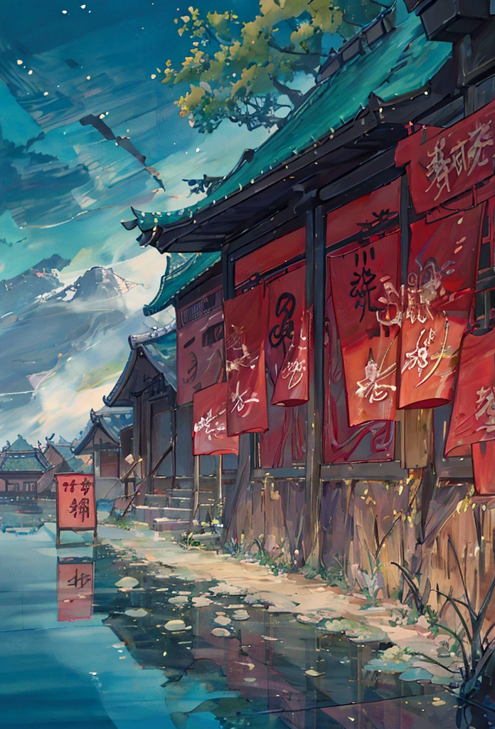 Ancient Chinese village, Clouded, dark lighting, shady lake near the village, paisagem sombria, sign of terror