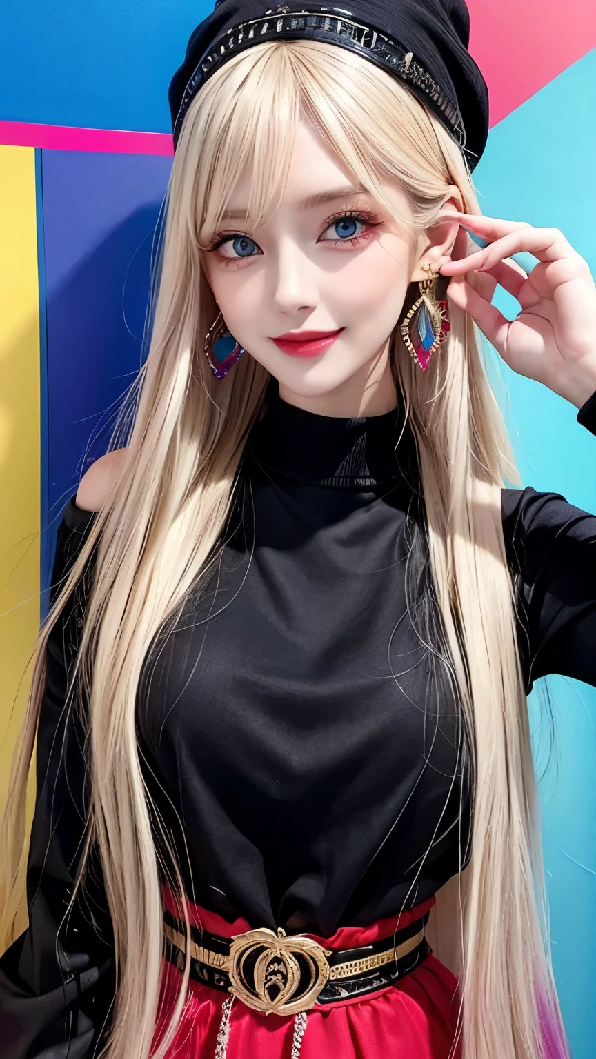 1 girl,Sexy Mature,long blonde hair,Very long, long hair,blue eyes,Super detailed face,Detailed eyes,Wearing a colorful beanie with no brim,Big breasts,dressed stylishly,Black crew neck blouse,statement earrings、jewelry,wearing sunglasses,Smiling all over,Upper body shot,background:colorful rainbow wall,Cool,
