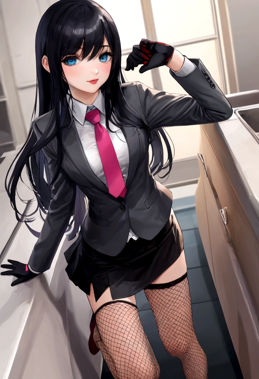 1 girl, long black hair, bright blue eyes, with breasts and a little hip, looking at the viewer, White skin, dark gray jacket and skirt, white shirt and red tie, slightly torn fishnet stockings and cute shoes, black glove on one hand(The right), nice smile and pink lips, and rosy cheeks.