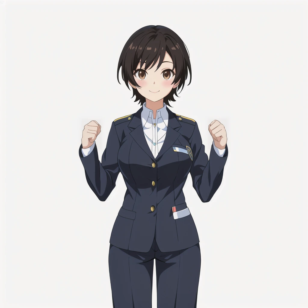 Highest quality, high resolution, High quality anime art style, Official Art, Smooth anime CG art, Stylized anime, Visual Novel Sprites, White background, whole body, Anime-style 3D, Smooth anime CG art, humanoid woman, JRPG Characters, policewoman, Policewoman, Anime woman in police uniform, Guts pose, smile, Brown eyes, Black Hair, short hair, Age 25,