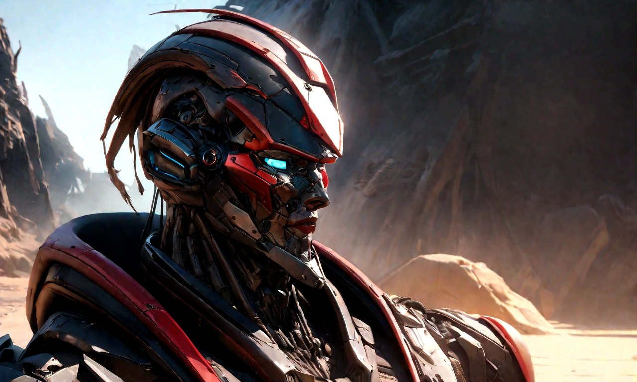 Sharpened man in black and red metallic armor with hood, detailed portrait of a cyborg, close-up portrait of cyborg, portrait of a futuristic robot, male cyborg military commander, attractive science fiction face, masculine appearance, portrait of cyborg, Futuristic Setting, portrait of a cyborg, cyborg portrait, portrait of a cyborg cyberpunk, male cyborg, in metallic black futuristic armor, olpntng style, Portrait of the gynoid robot Samus in Wasteland, perfect composition, beautiful detailed intricate insanely detailed octane render Tendências no ArtStation, 8k art photography, photorrealistic concept art, soft natural volumetric cinematic perfect light, Bright dark, rewarded photography, work of art, oil on canvas, perfect composition, beautiful detailed intricate insanely detailed octane render Tendências no ArtStation, 8k art photography, photorrealistic concept art, futuristic setting, soft natural volumetric cinematic perfect light, darkness background