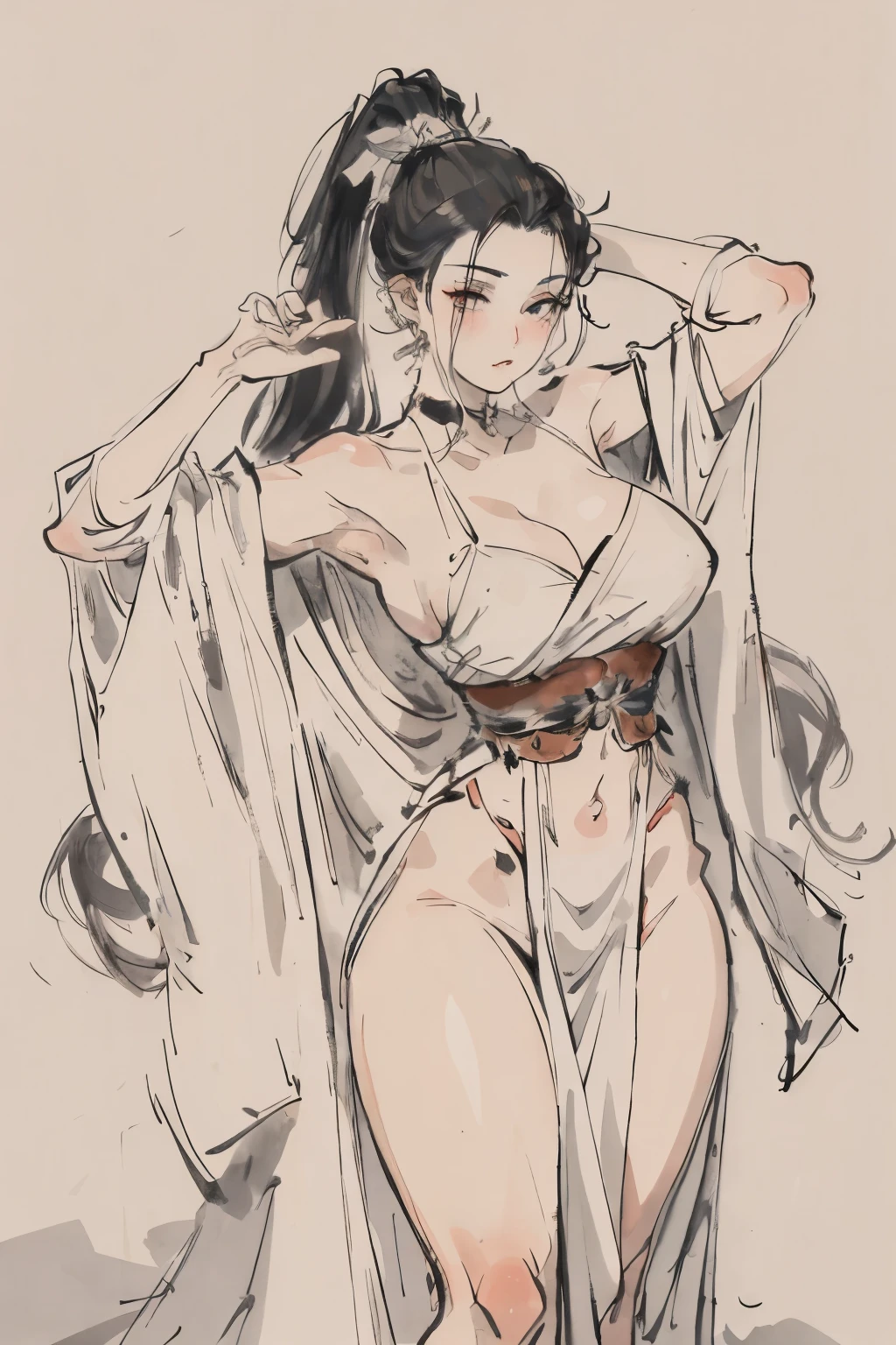 (masterpiece),((A high resolution)), ( ((Top quality)), ((Super Fine)), ((Super FineCG)),( NSFW:1.8),perspective from behind,A woman raised her arms above her head,Stretching movements,Show armpits,Shameful behavior,Adult face,Human wife face,face,(The robe is white:1.5), (Black hair),Exquisite hairpin,Ponytail,(Huge buttocks:2),Bare buttocks,Bare shoulders,Bare legs,Bare navel,a flat chest,Shameful expression,blush,shy,Embarrassed,(The eyes are reddish)