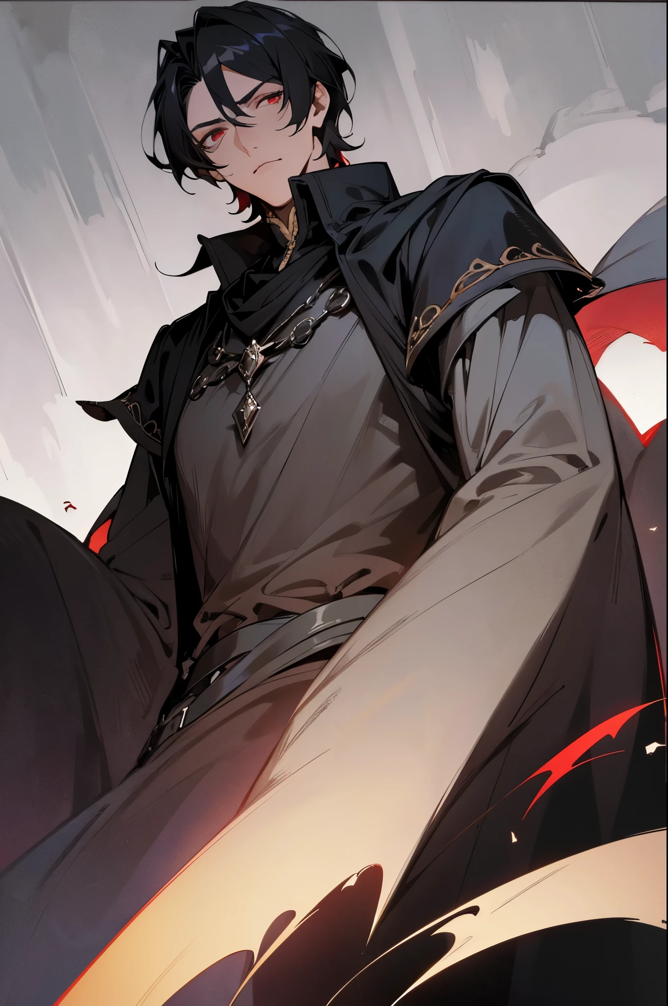 1 male, adult, mature face, beautiful, short tousled black hair, dark red eyes, clear and detailed eyes, handsome, tall, nobility, black clothing, calm, condescending, medieval fantasy, medieval castle background, dark fantasy, (soft coloring, dynamic shading), looking at viewer
