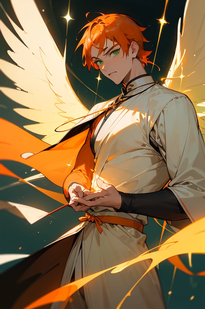 (((Guy))), (((man))), (((Man's))),(((masutepiece))), (((Beautiful lighting))),(((muscular))),(((man))),(((40 years),(((Green eyes))),(((Orange hair))), Male face,male eyebrows, Male Eyes, Eyelashes, Medium Hair,Beautiful face, v shaped_eyebrow,White skin,Transparent wings,Chinese_Clothes,(((Black clothes,)))garters_lanyard, See-through,The light of the Buddha shines, holy,
