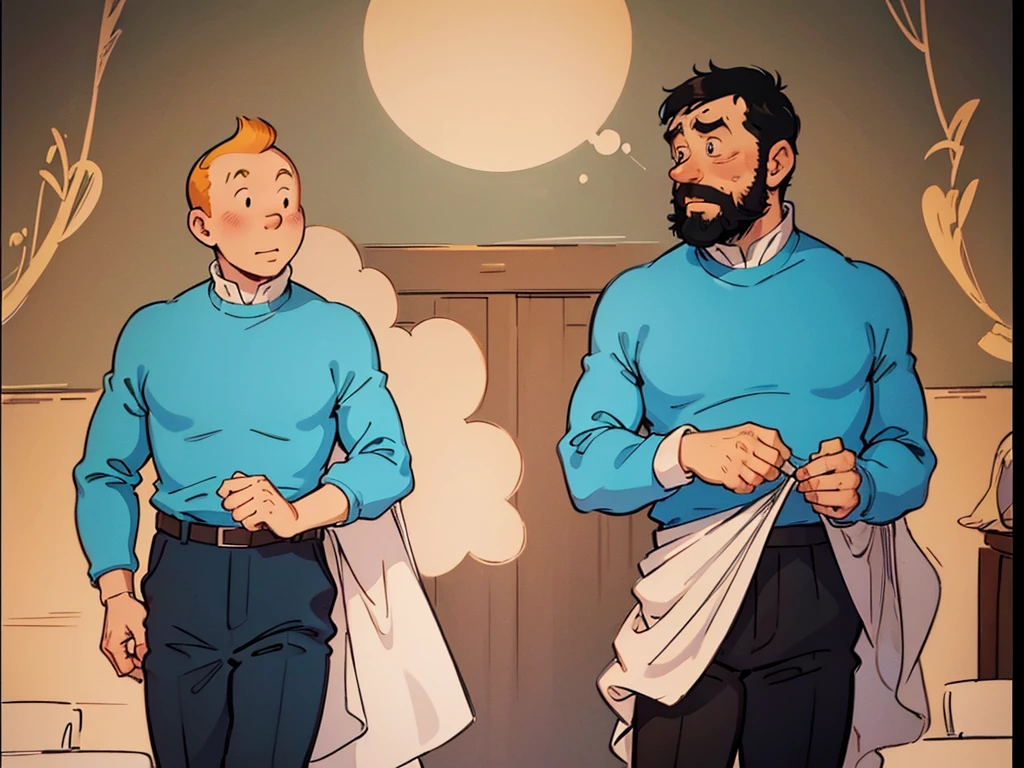 The wedding of Tintin and Captain Haddock from Hergé's comics in delicate pastel colors.  Both men.  Tintin is slightly shorter than Captain Haddock.  Haddock has black hair.