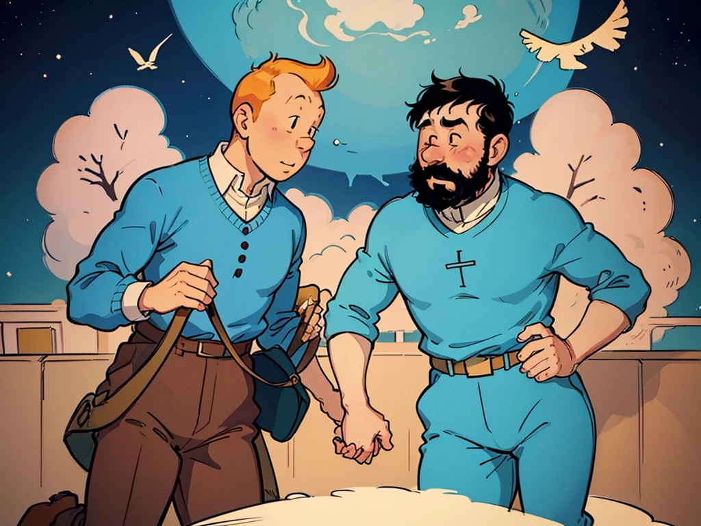 The wedding of Tintin and Captain Haddock from Hergé's comics in delicate pastel colors.  Both men.  Tintin is slightly shorter than Captain Haddock.  Haddock has black hair.