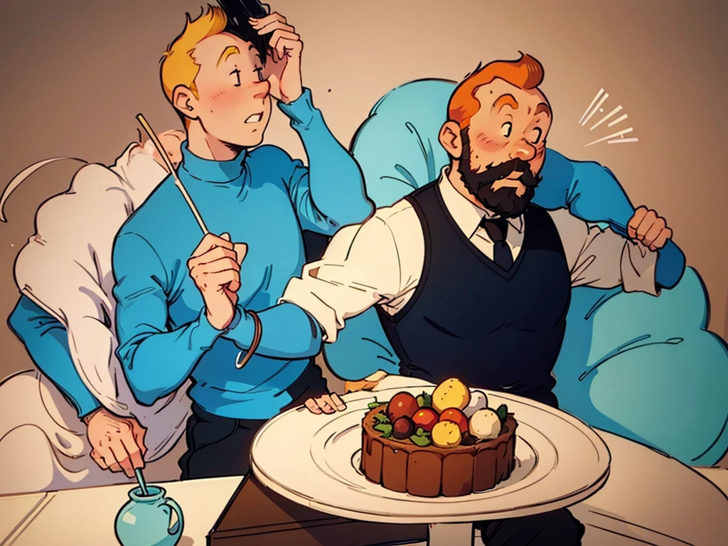 The wedding of Tintin and Captain Haddock from Hergé's comics in delicate pastel colors.  Both men.  Tintin is slightly shorter than Captain Haddock.  Haddock has black hair.