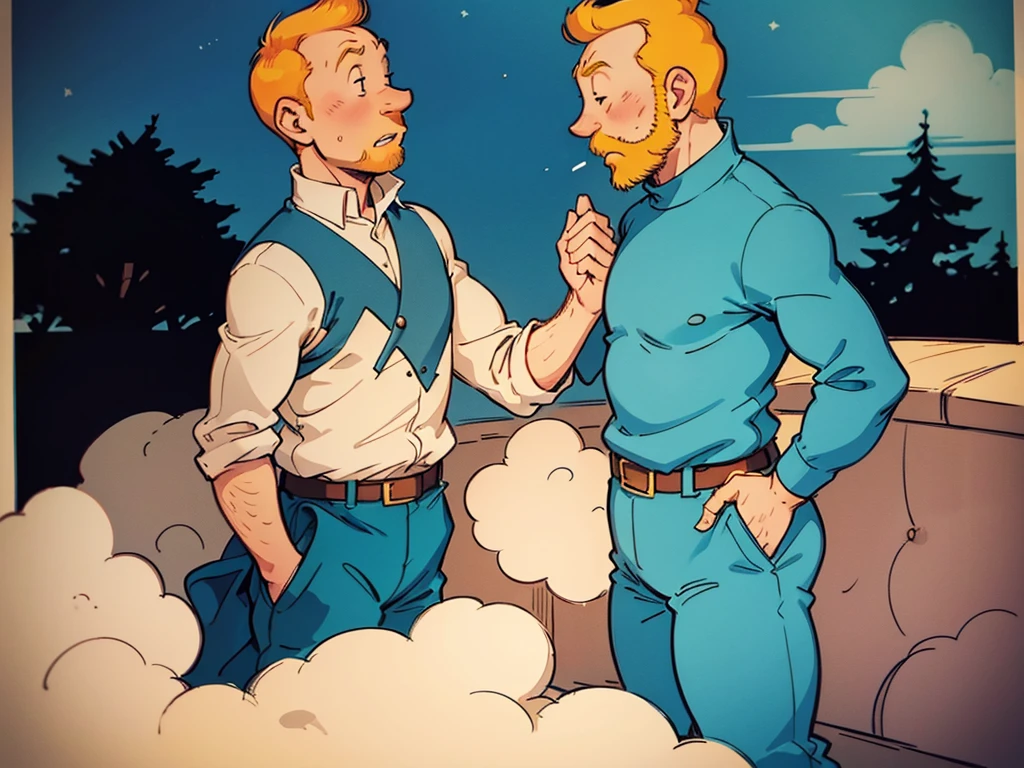 The wedding of Tintin and Captain Haddock from Hergé's comics in delicate pastel colors.  Both men.  Tintin is slightly shorter than Captain Haddock.  Haddock has black hair.