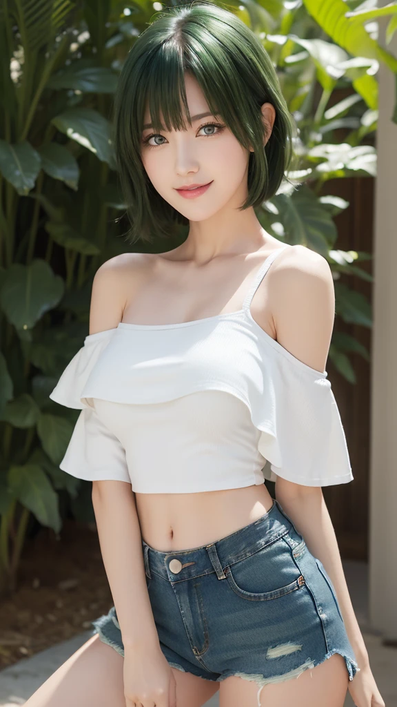 ((One girl)), Mature Woman, Tamaki, Green Eyes, Small eyes, Green Hair,  Shortcuts, A kind smile, , Big Breasts, Denim loot shorts, ((White off-the-shoulder tank top))