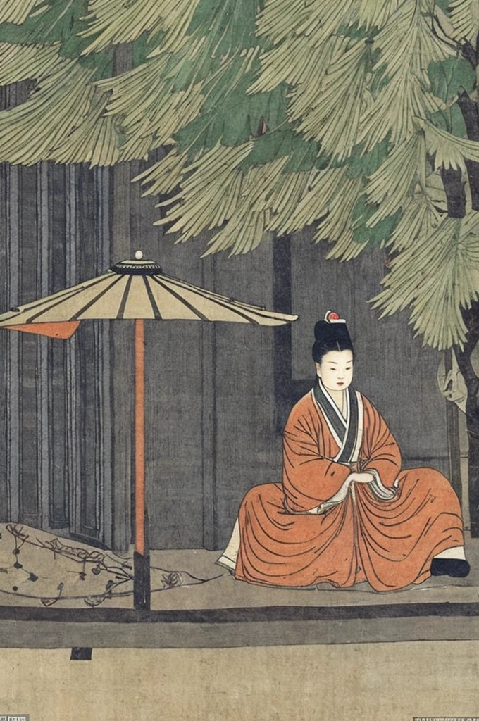 A Tang Dynasty woman wearing Tang clothing sitting in the courtyard