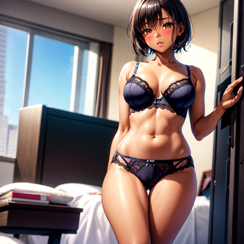 dark skin, lace lingerie, fetish, short hair, blush, cardio, solo