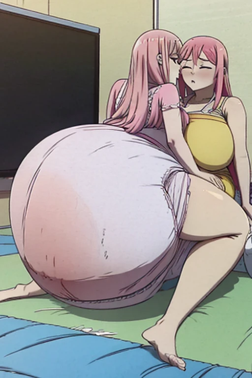 Anime woman enormous bloated expanding diaper, huge breast, gigantic butt, sitting on another woman, in my bed, kissing someone, eyes closed, long pink hair, groping butt, diaper filling the screen, diaper dragging on floor, diaper flowing like blob