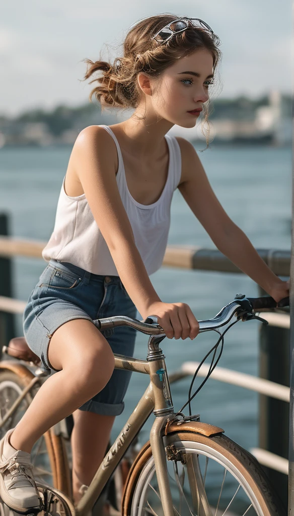 Surrealism:1.5, Bokeh, clean girl aesthetic, bicycle riding, pier, High-quality DSLR snapshots, High-definition film grain photo taken at f/16, ISO 100, With 200mm lens, Global Illumination, Fibonacci
