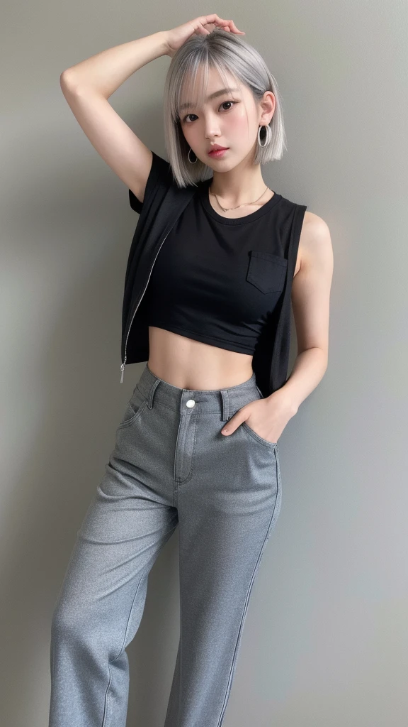 (8K, Photorealistic, Raw photo, Highest quality: 1.4),Japanese idol-style beautiful girl,model,1 person,18-year-old,(Short Bob),(Silver Hair :1.2),She has her hair tucked behind her ears,Clear grey eyes,Long eyelashes,(piercings(small)),(Lip gloss),lips(Plump,glossy),thin long neck,(Micro T-shirt((Perfect for the skin),(Short length that shows the navel))),Wide leg pants((Black),(Sweat fabric),(Length that covers the instep)),(He is clutching his jacket with his left hand.),(Right hand in pocket),Pumps with heels,A cool pose,Full body portrait