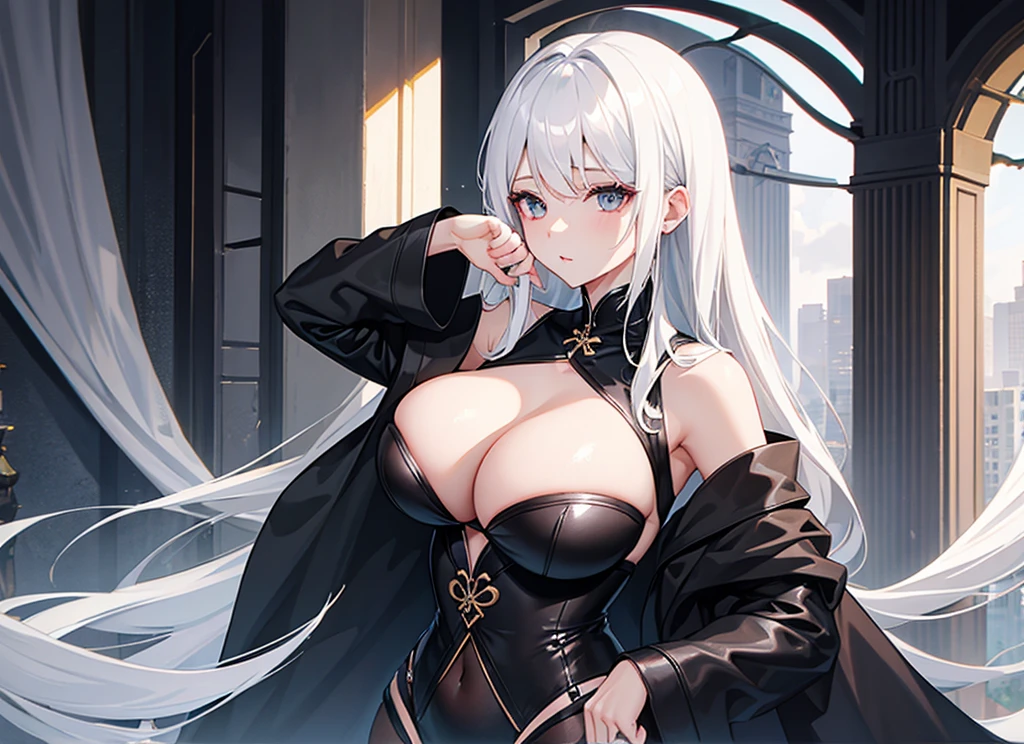 White Hair、Luxurious and sexy black clothing、whole body、Large Breasts、One girl