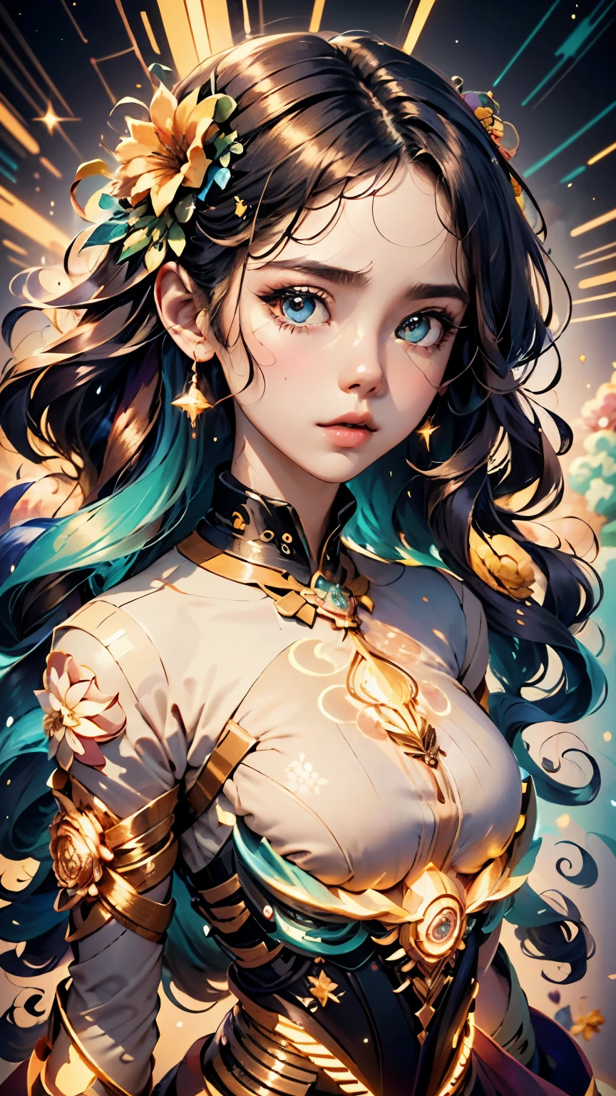 Girl standing in the clouds staring up as the stars, stars floating around her, brilliant colors, amazing swirls of cosmic dust, colorful vibrant, light particles, Create digital artwork in the Pop Art style, Featuring a vibrant and confident young Asian girl,street fashion (breast), Movie color scheme, Surrounded by vintage flower motifs, Vibrant brushstrokes,Emotions should be dynamic, Upper body, Drawing, illustration, escala cinza, tropical, Many flowers,