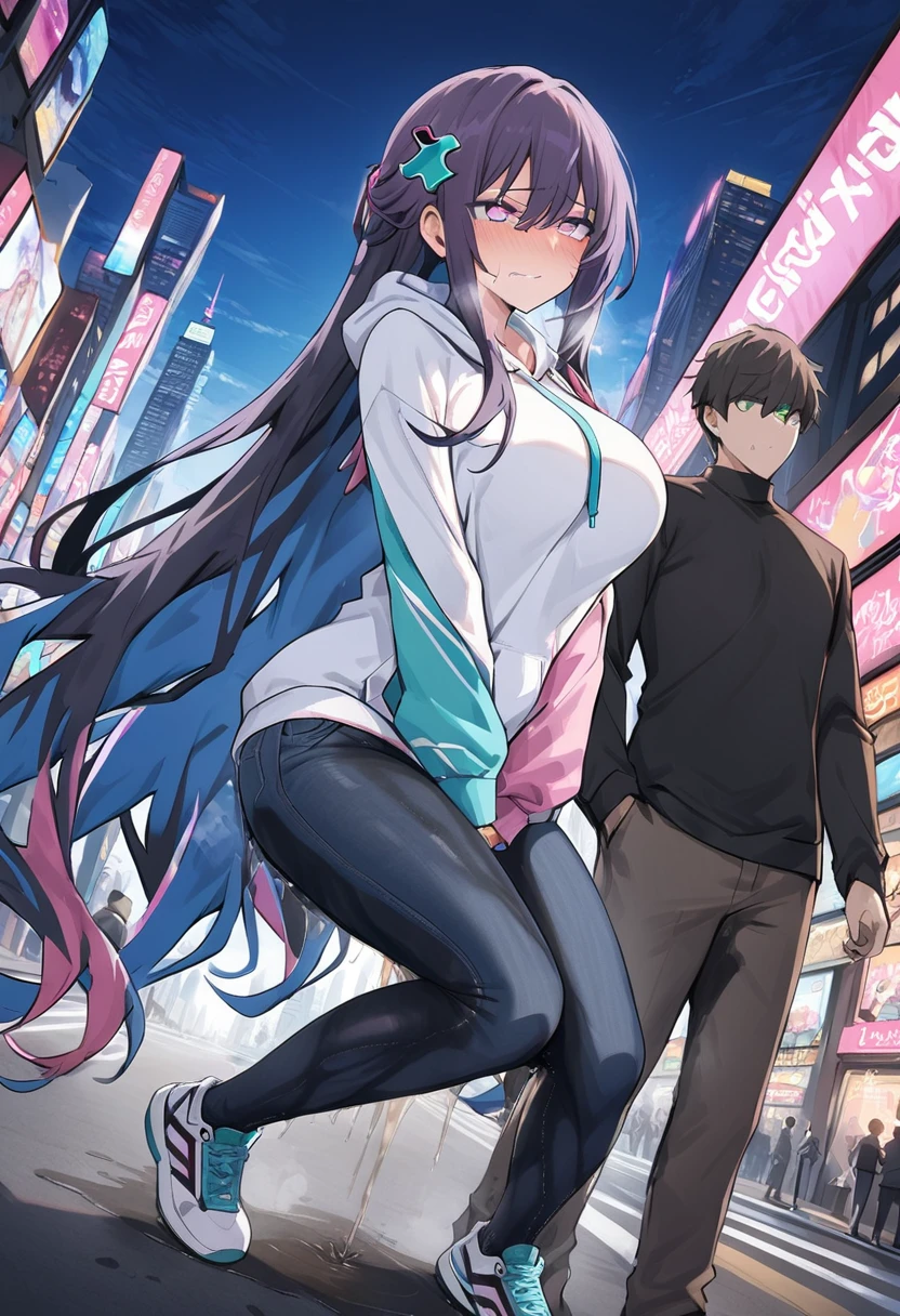 (1girl:1.5), (1boy:1.5), (masterpiece:1.37), best quality, (extremely detailed:1.37), woman, adult, mature, large breasts, (very long hair:1.5), dark purple hair, purple eyes, (extremely detailed eyes:1.37), white hoodie, multicolored hoodie, light blue hoodie, futuristic hoodie, jeans, (desperation:2.0), (wetting: self 3.0), standing, embarrassed, humiliation, blushing, angry, city, futuristic, neon lighting, high-tech, full body
