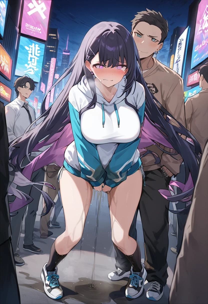 (1girl:1.5), (1boy:1.5), (masterpiece:1.37), best quality, (extremely detailed:1.37), woman, adult, mature, large breasts, (very long hair:1.5), dark purple hair, purple eyes, (extremely detailed eyes:1.37), white hoodie, multicolored hoodie, light blue hoodie, futuristic hoodie, jeans, (desperation:2.0), (wetting: self 3.0), standing, embarrassed, humiliation, blushing, angry, city, futuristic, neon lighting, high-tech, full body