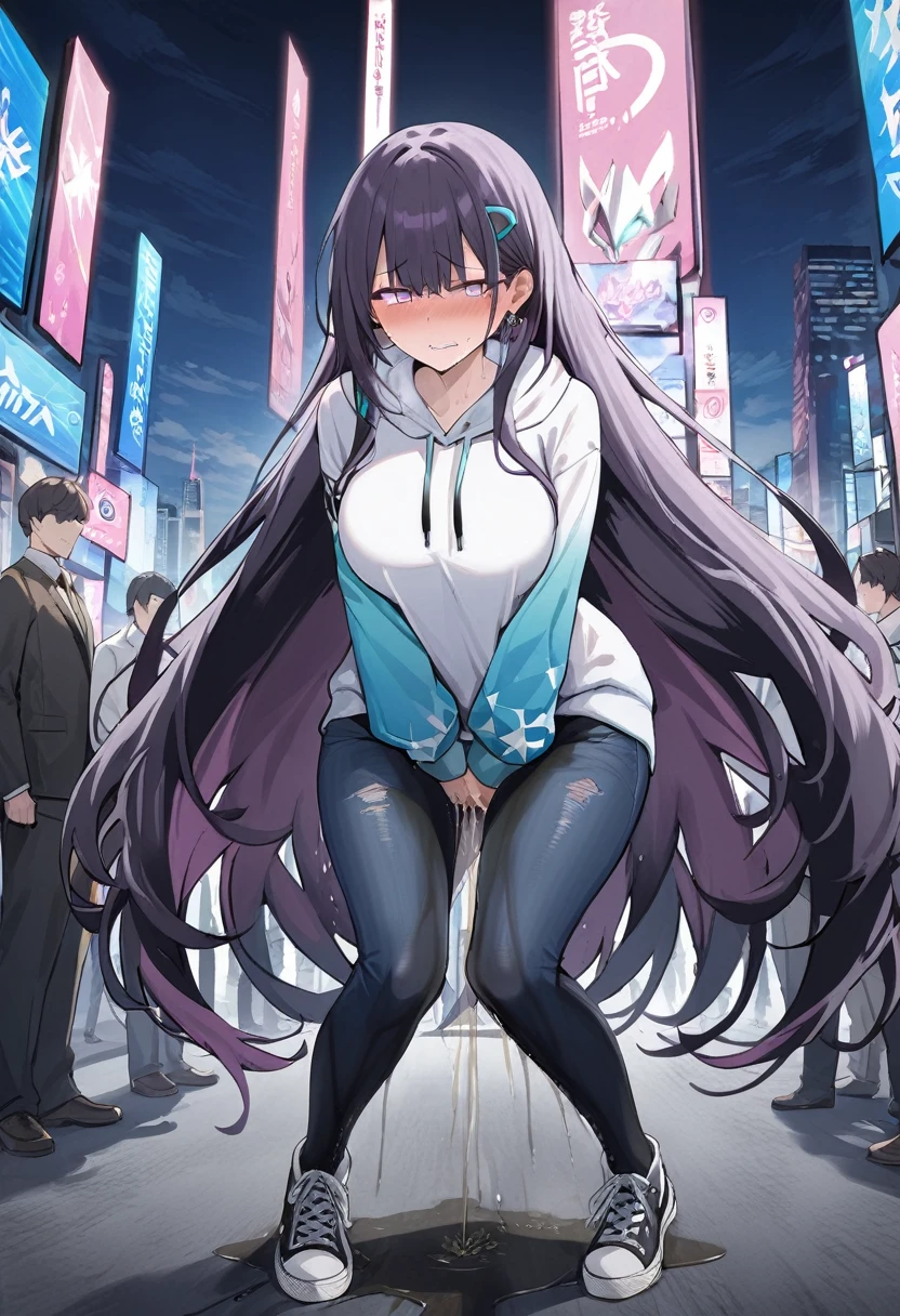 (1girl:1.5), (1boy:1.5), (masterpiece:1.37), best quality, (extremely detailed:1.37), woman, adult, mature, large breasts, (very long hair:1.5), dark purple hair, purple eyes, (extremely detailed eyes:1.37), white hoodie, multicolored hoodie, light blue hoodie, futuristic hoodie, jeans, (desperation:2.0), (wetting: self 3.0), standing, embarrassed, humiliation, blushing, angry, city, futuristic, neon lighting, high-tech, full body