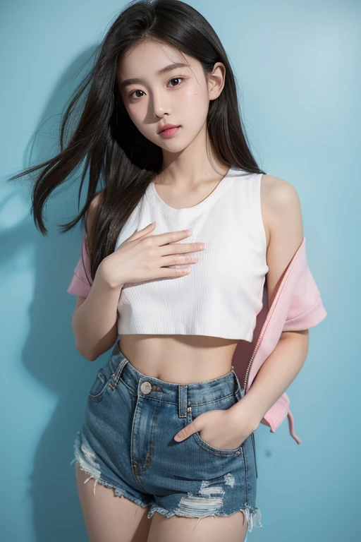 Wear crop tops,Big in shorts,Hands over chest,side