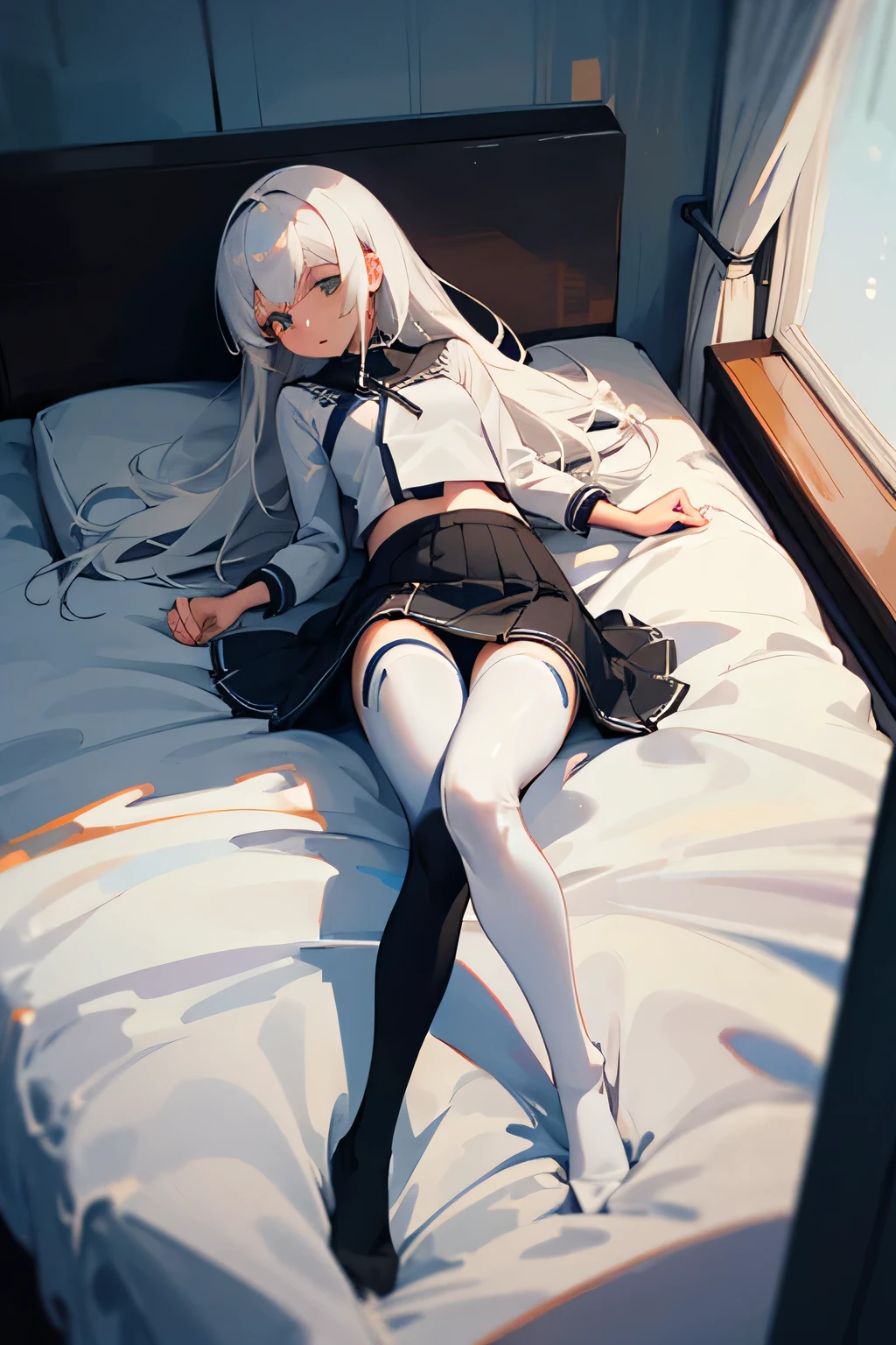 ((Highest quality)), ((masterpiece)), (detailed), White Hair,long hair,girl,skirt,Revealing clothing,Sci-fi style tights,ロングskirt,On the bed,Body pillow,White clothes