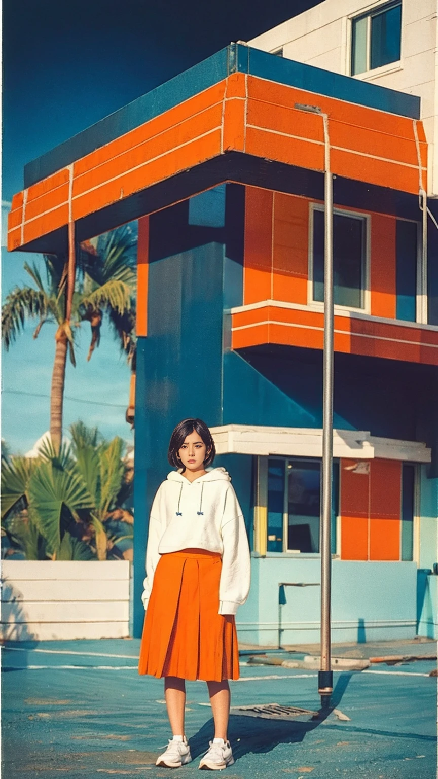 long shot portrait of cute 23 yo girl ,(perfect natural breast),wear ((orange color oversized hoodie)), wear ((purple tennis skirt)),looking viewer,Best Quality,Masterpiece,Ultra High Resolution,(Realisticity:1.4),Original Photo, 1Girl, light leak,ultra high resolution,UHD,beautiful, (black bob hair), almond eye, no makeup, in front of ((80's mondrian architecture motel)), (realistic:1.2), (surreal:1.3), (very detailed:1.1), ((masterpiece)),summer, blue sky, palm trees,sunny, los angles vibes,film camera, 800mm lens,style of Philip Lorca diCorcia