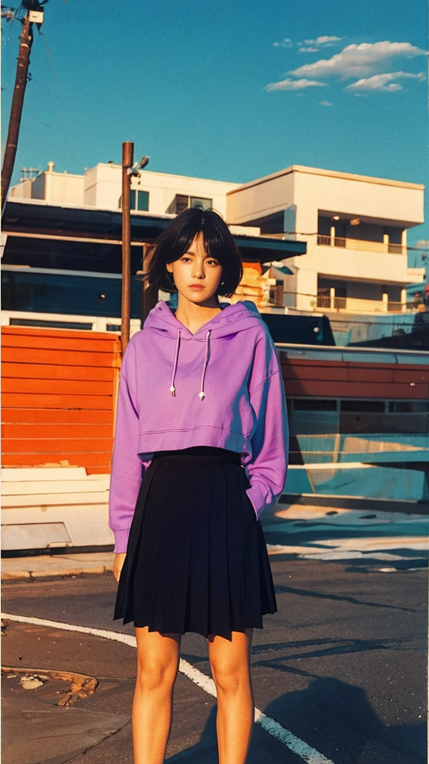 long shot portrait of cute 23 yo girl ,(perfect natural breast),wear ((orange color oversized hoodie)), wear ((purple tennis skirt)),looking viewer,Best Quality,Masterpiece,Ultra High Resolution,(Realisticity:1.4),Original Photo, 1Girl, light leak,ultra high resolution,UHD,beautiful, (black bob hair), almond eye, no makeup, in front of ((80's mondrian architecture motel)), (realistic:1.2), (surreal:1.3), (very detailed:1.1), ((masterpiece)),summer, blue sky, palm trees,sunny, los angles vibes,film camera, 800mm lens,style of Philip Lorca diCorcia