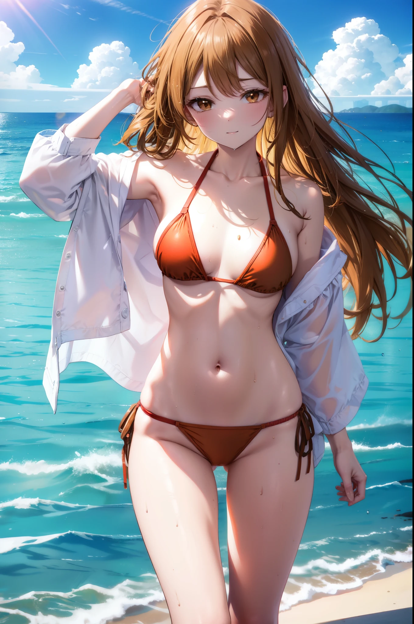 a sun ayuuki, a sun a yuuki, Long Hair, Brown Hair, (Brown eyes:1.8), Medium Chest,Open your mouth,smile,Red Bikini Swimsuit,barefoot,Water Play,Wet Hair,Wet Skin,Wet swimsuit,slouch,Daytime,Clear skies,True Summer,whole bodyがイラスト入るように,
break outdoors,Beach,
break looking at viewer,whole body,
break (masterpiece:1.2), Highest quality, High resolution, unity 8k wallpaper, (shape:0.8), (Fine and beautiful eyes:1.6), Highly detailed face, Perfect lighting, Highly detailed CG, (Perfect hands, Perfect Anatomy),