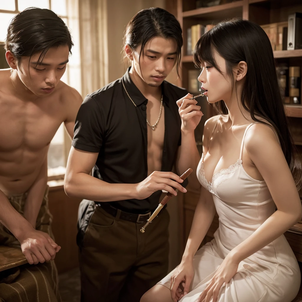 A man is making a Chinese young woman in a Chinese dress smoke drug with an opium pipe. The man holds the opium pipe in his hand, He makes the opium pipe put on her mouth to force her to smoke the drug. The young woman is really high, completely drugged up. (The young woman is really high, completely drugged) ((The young woman is really high, completely drugged up)) The young girl is addicted to drugs and she cannot stop smoking the drug. She can’t walk, stand or settle due to the drug effect,, and she leaned against the man. The skin is translucent white and Her breasts are about a C cup. The man is about to rape her. The room is full of smoke