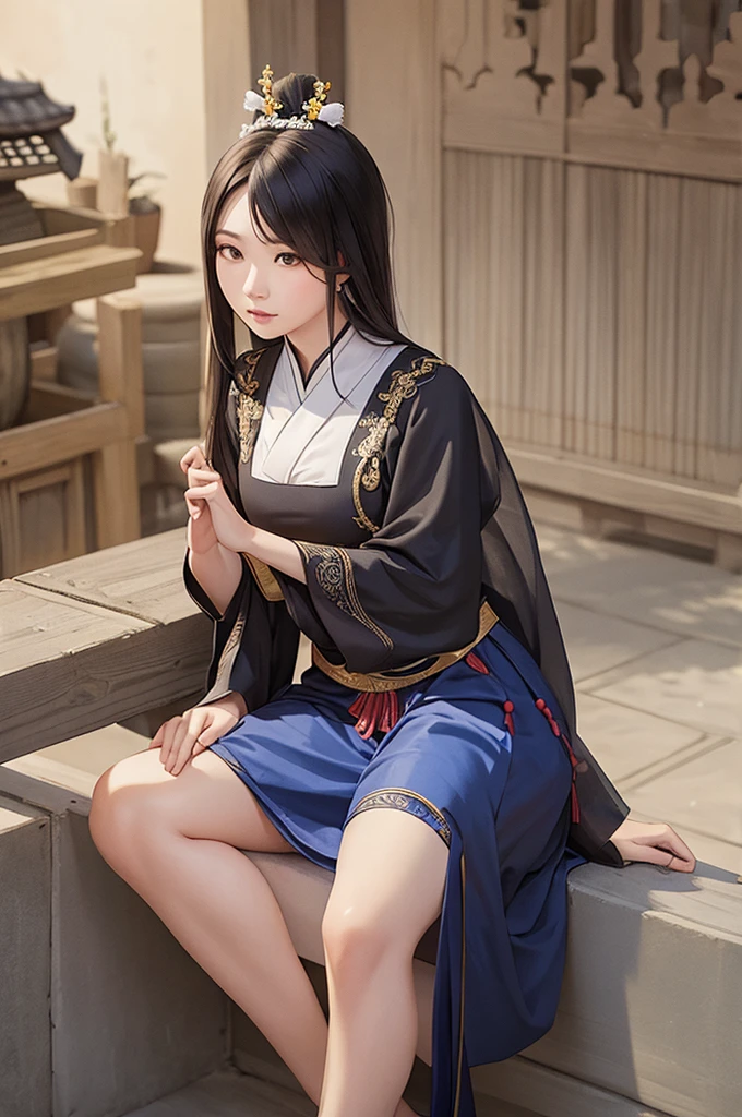 A Tang Dynasty woman wearing Tang clothing sitting in the courtyard