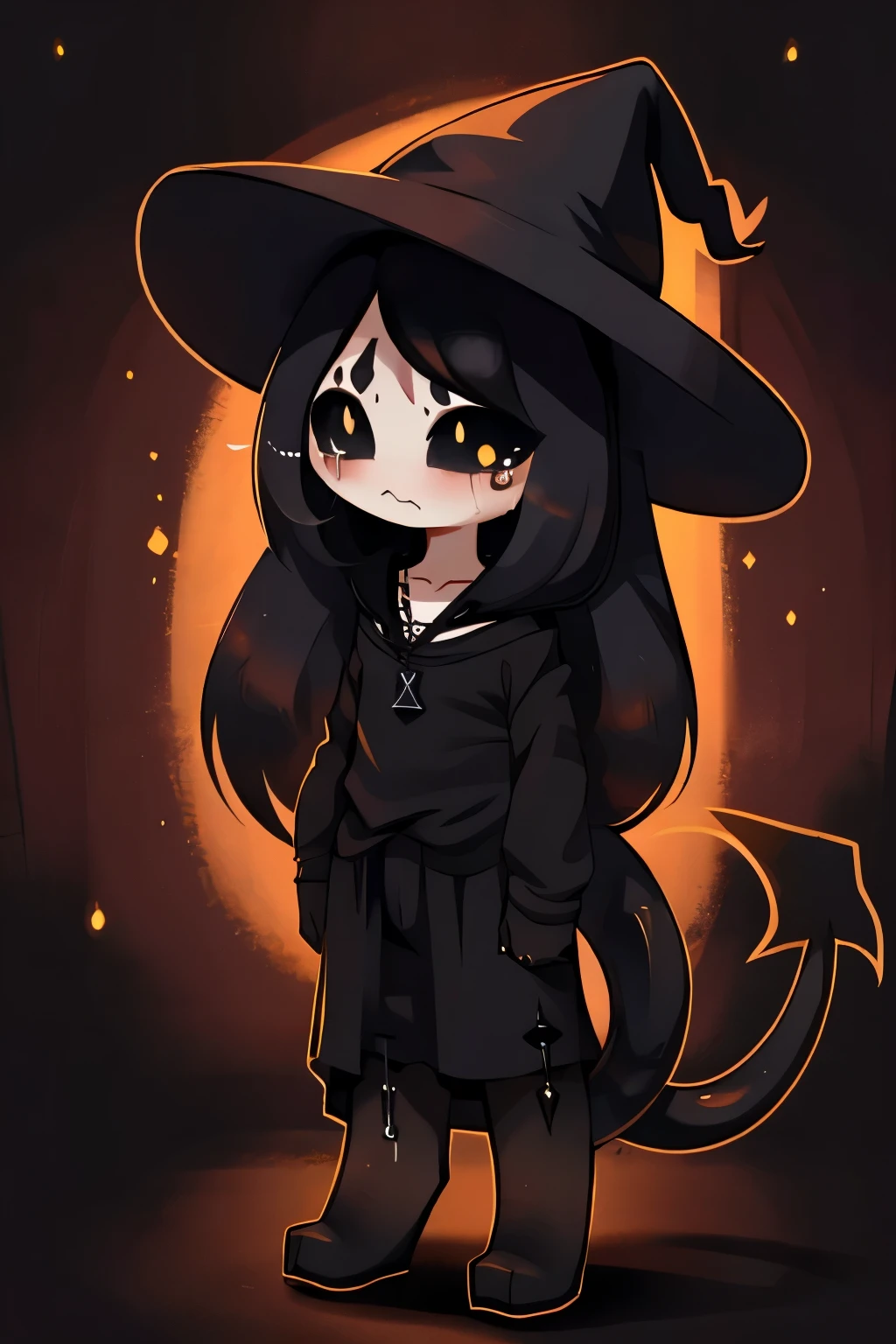 source_anime, male, flat chest, pointy ears, multiple eyes, emo, gothic, witch hat, black clothing, black necklace, solo, light skin, horn, black sclera, yellow pupils, arachnoid, demon tail, (chibi:1.1), black hair, long hair, cute pose, sad, crying