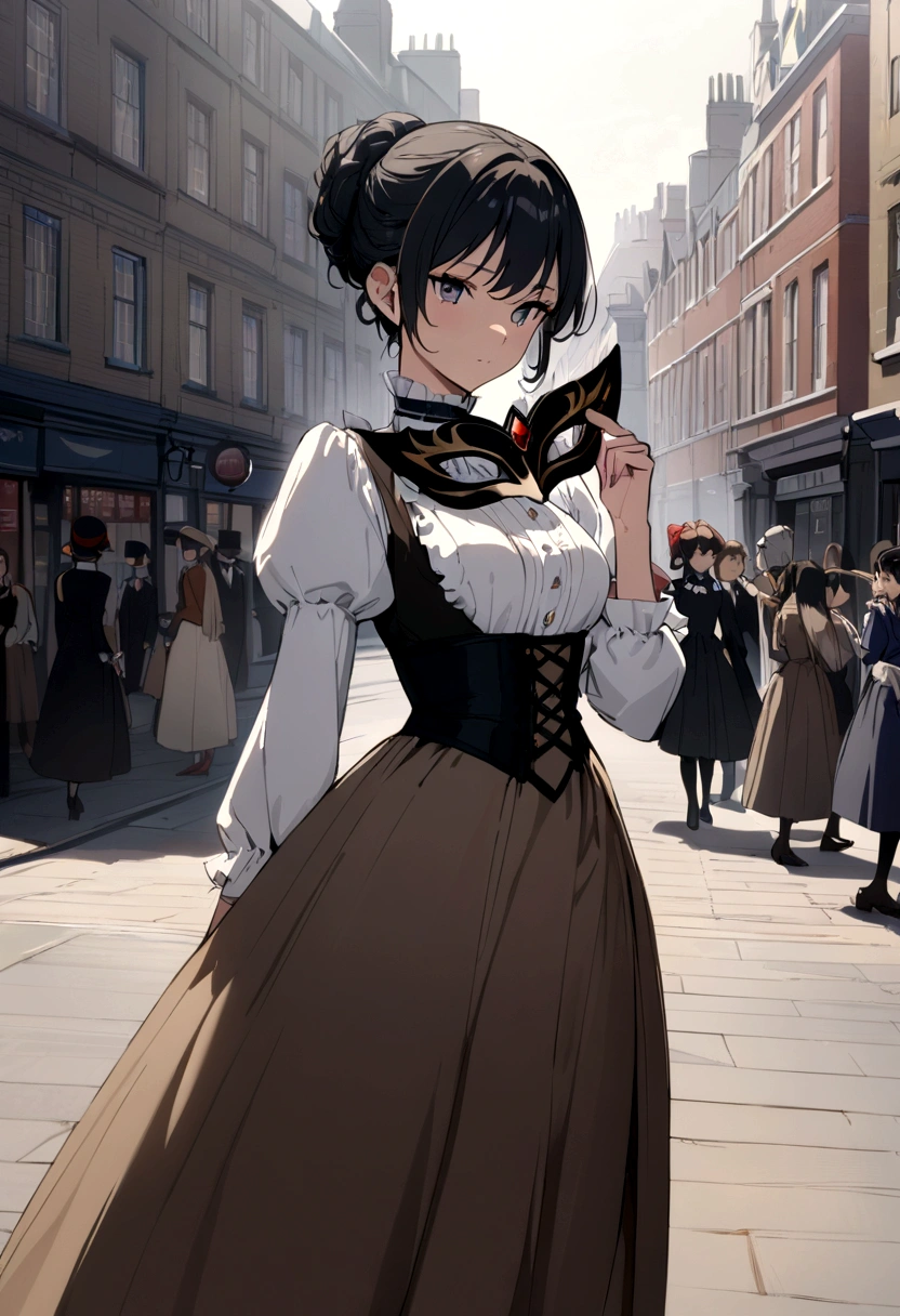 ((best quality)), ((masterpiece)), (detailed), perfect face, anime woman, high resolution, Victorian anime young woman, holding masquerade, white and black dress, black hair, red, london, standing, brown skirt