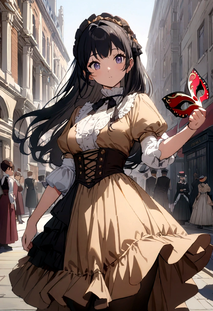 ((best quality)), ((masterpiece)), (detailed), perfect face, anime woman, high resolution, Victorian anime young woman, holding masquerade, white and black dress, black hair, red, london, standing, brown skirt