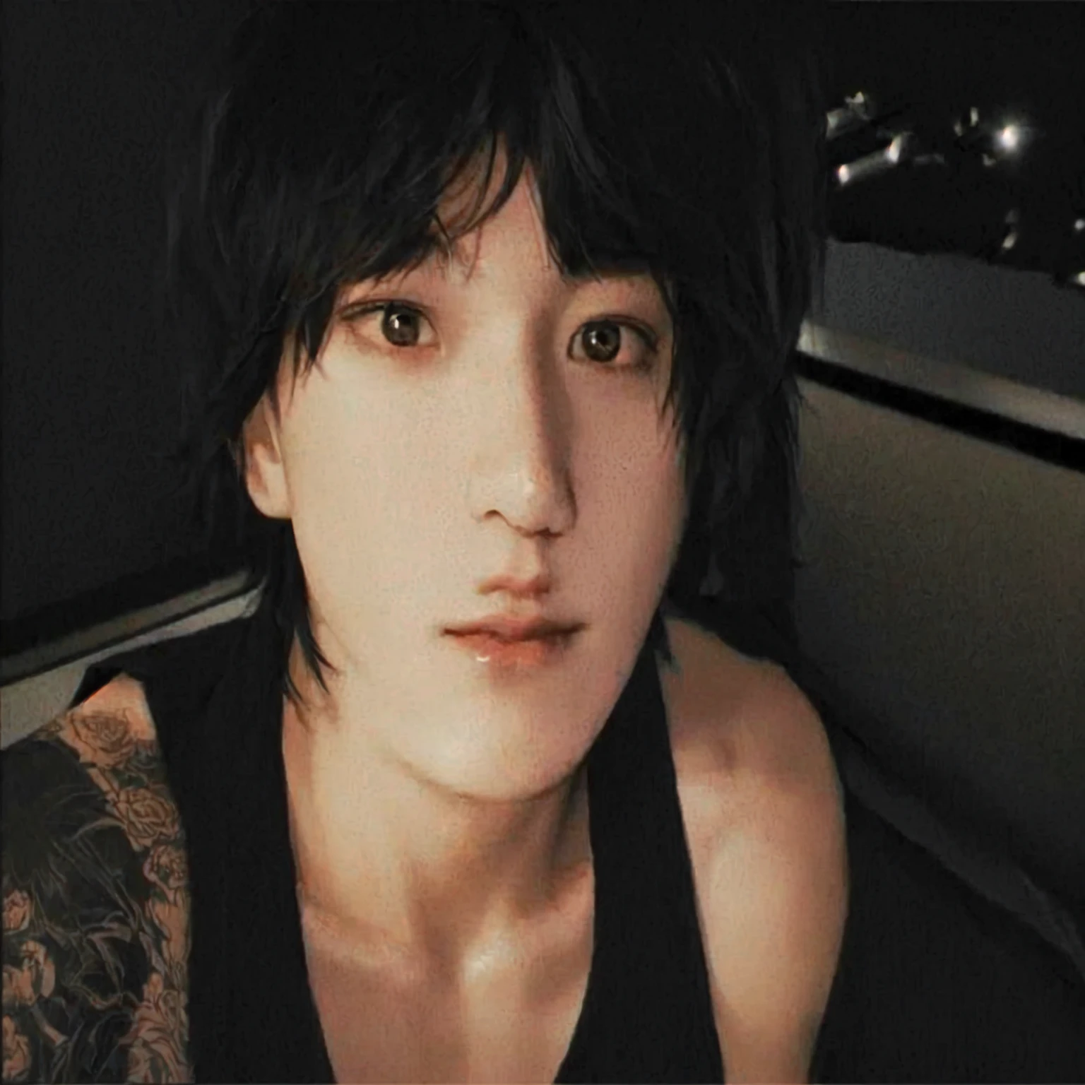 There is a man with a tattoo on his arm and a black tank top, grainy photo of a handsome man, Tae June Kim, leaked photo, sangsoo jeong, jiyun chae, with short hair, 21 year old man, low quality grainy, kwak ji jovem, profile image, heonhwa choe, Jungkook jk