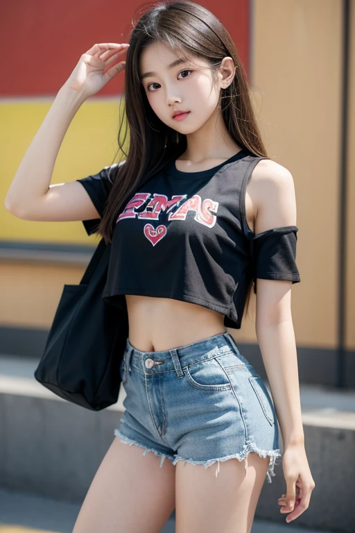 Wear crop tops,Big elementary school student in shorts,Hands over chest,side