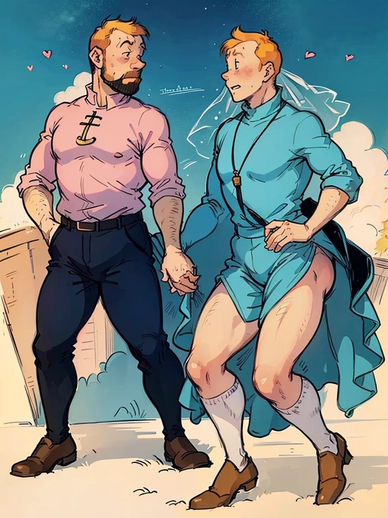 The wedding of Tintin and Captain Haddock from Hergé's comics in delicate pastel colors.  Both men.  Tintin is slightly shorter than Captain Haddock.  Haddock has black hair.