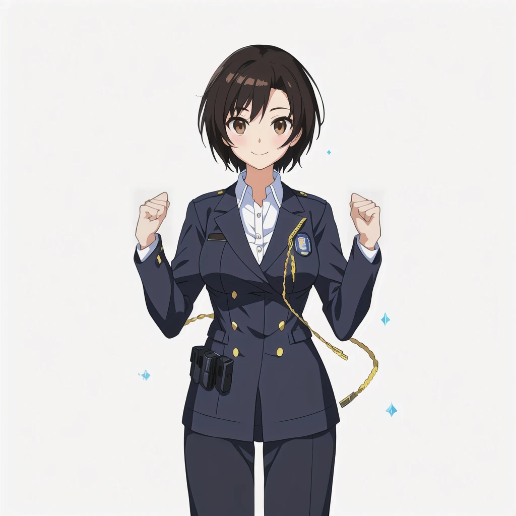 Highest quality, high resolution, High quality anime art style, Official Art, Smooth anime CG art, Stylized anime, Visual Novel Sprites, White background, whole body, Anime-style 3D, Smooth anime CG art, humanoid woman, JRPG Characters, policewoman, Policewoman, Anime woman in Japanese police uniform, Guts pose, smile, Brown eyes, Black Hair, short hair, Age 25,