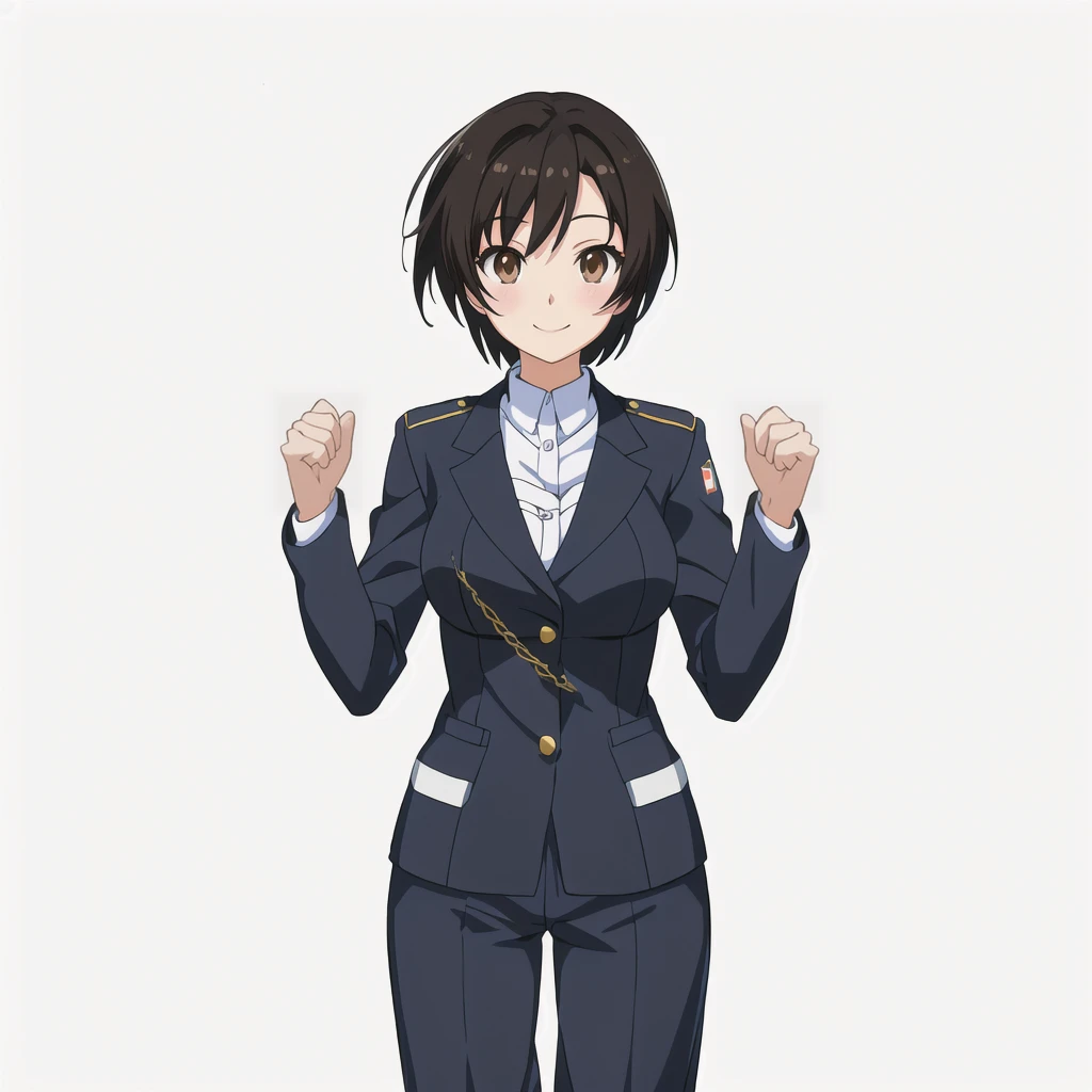 Highest quality, high resolution, High quality anime art style, Official Art, Smooth anime CG art, Stylized anime, Visual Novel Sprites, White background, whole body, Anime-style 3D, Smooth anime CG art, humanoid woman, JRPG Characters, policewoman, Policewoman, Anime woman in Japanese police uniform, Guts pose, smile, Brown eyes, Black Hair, short hair, Age 25,