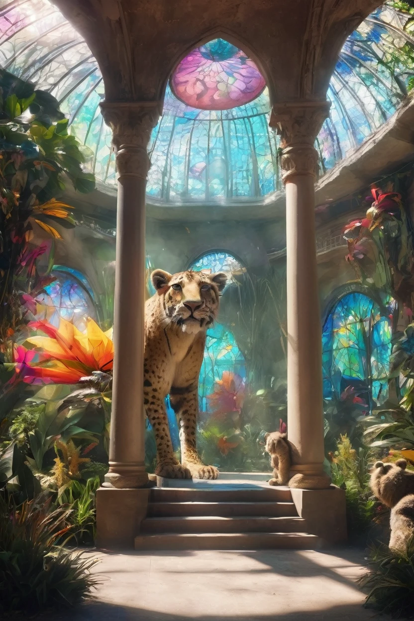 a fantastical zoo with bizarre hybrid animals, lush botanical garden under a large glass dome, colorful sunlight through stained glass, 1girl exploring the magical zoological park, beautiful detailed eyes, beautiful detailed lips, extremely detailed eyes and face, long eyelashes, vibrant colors, cinematic lighting, (best quality,4k,8k,highres,masterpiece:1.2),ultra-detailed,(realistic,photorealistic,photo-realistic:1.37),matte painting style, concept art, dramatic lighting, volumetric lighting, (intricate, highly detailed:1.4)