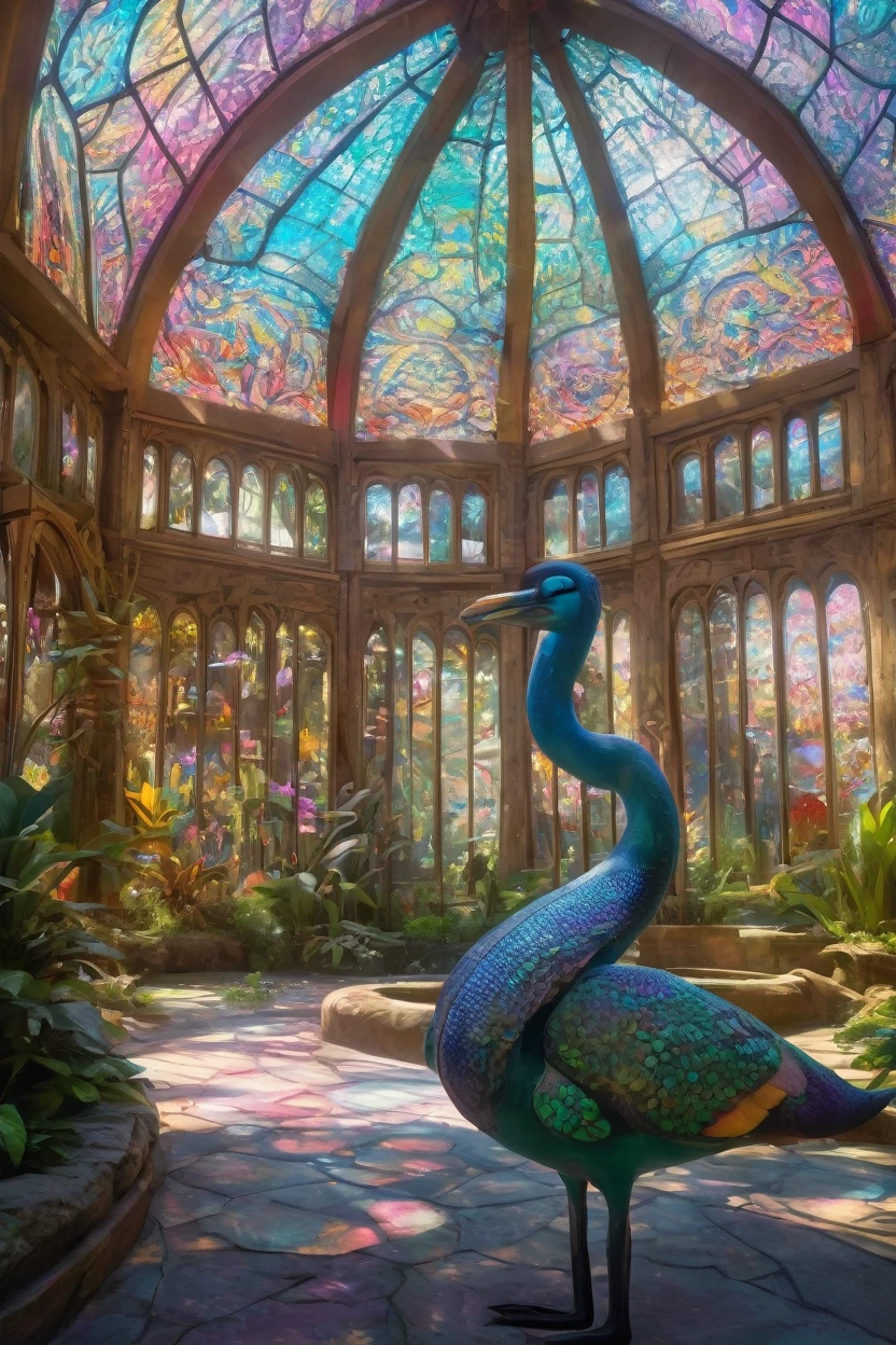 a fantastical zoo with bizarre hybrid animals, lush botanical garden under a large glass dome, colorful sunlight through stained glass, 1girl exploring the magical zoological park, beautiful detailed eyes, beautiful detailed lips, extremely detailed eyes and face, long eyelashes, vibrant colors, cinematic lighting, (best quality,4k,8k,highres,masterpiece:1.2),ultra-detailed,(realistic,photorealistic,photo-realistic:1.37),matte painting style, concept art, dramatic lighting, volumetric lighting, (intricate, highly detailed:1.4)