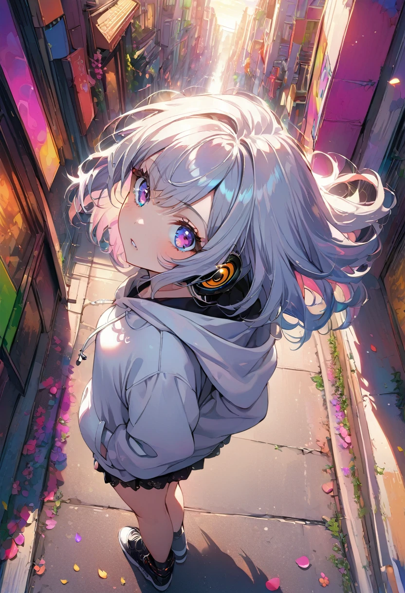 ((Masterpiece)), ((best quality)), (Anime:1.3), (super detail:1.2), (High Definition:1.3), (Professional Photography:1.3),cute young Girl, (Gazing skyward:2), (Not looking at camera), Glossy unruly hair, (loose swept bangs), (silver ash hair), medium hair, big eyes, (Eye bags:1.3), (Long eyelashes), colorful eyes, (frown), Glossy lips, (jagged teeth), ((white hoodie with oversized)), barearms, cute, (hands in pocket), (colorful:1.3), gothic makeup, (walking around the City), colorful petals dance around her, beautiful sunset, wearing headphones, (shoot from side), (from above:1.5),