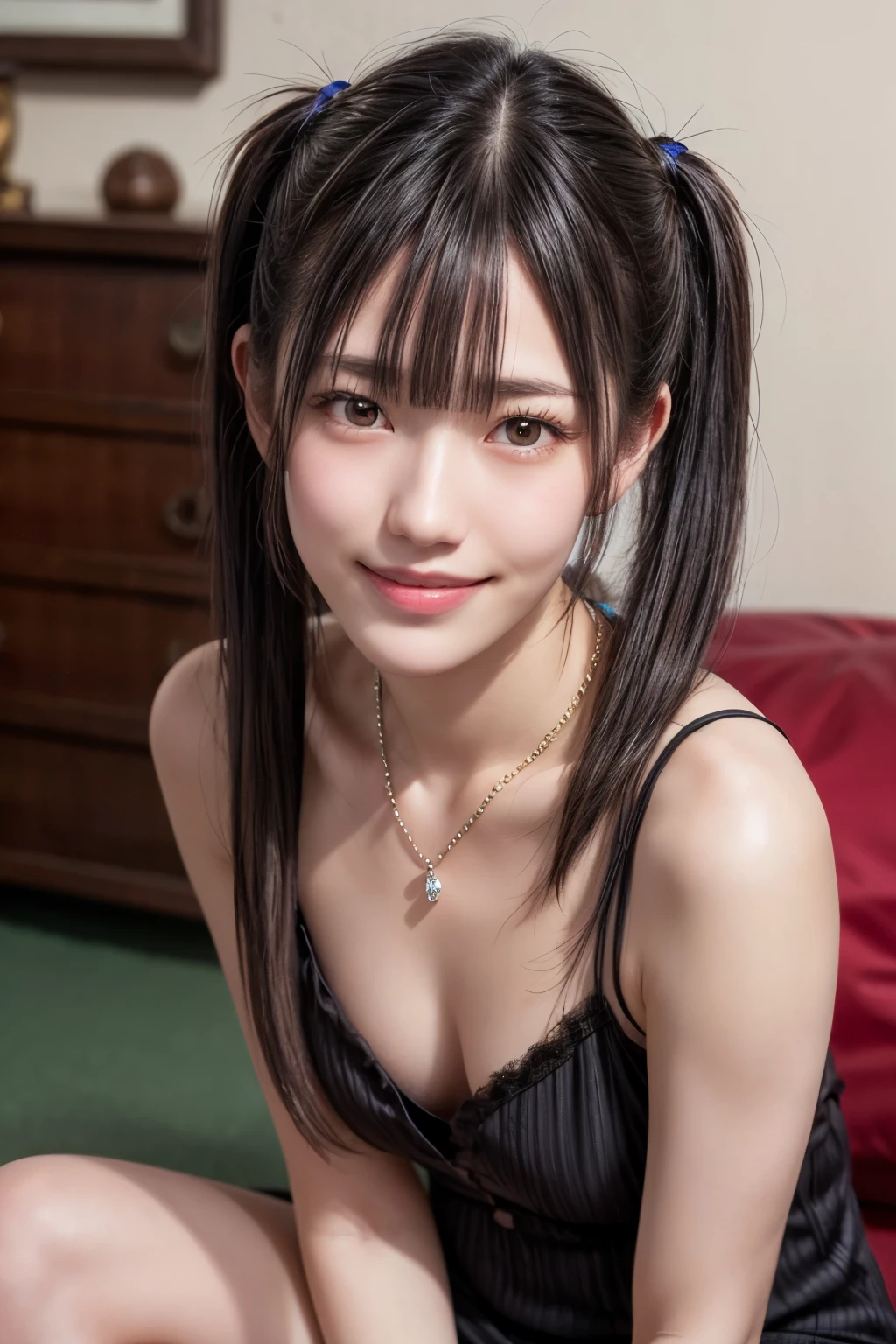 (realistic, photo-realistic:1.4), (masterpiece, best quality:1.2), RAW photo, high resolution, intricate details, extremely detailed, realistic and sharp details, cinematic lighting, full body, frontal photography, solo, 1girl, a Japanese woman, dark hair, (straight hair, pigtails hair, blunt bangs:1.3), slender body, (smaller face), detailed face, detailed eyes, sophisticated nose, pale skin, collarbone, necklace, jewelry, (smaller breasts, flat chest), cheerful grin, (cami dress), photo background, indoors,,,[Mayu Watanabe,AKB48]