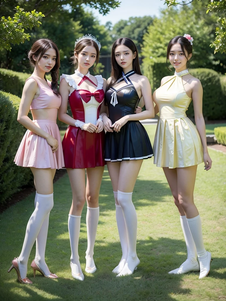masterpiece, Highest quality, (Normal limbs), Too cute face, Shiny skin:1.5, slender, Big Breasts:1.3, garden, Three beautiful women standing side by side, High School Cheergirl Costumes, From the thigh up