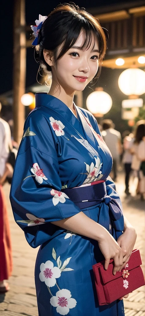 A woman wearing a yukata enjoying a summer festival in the evening。