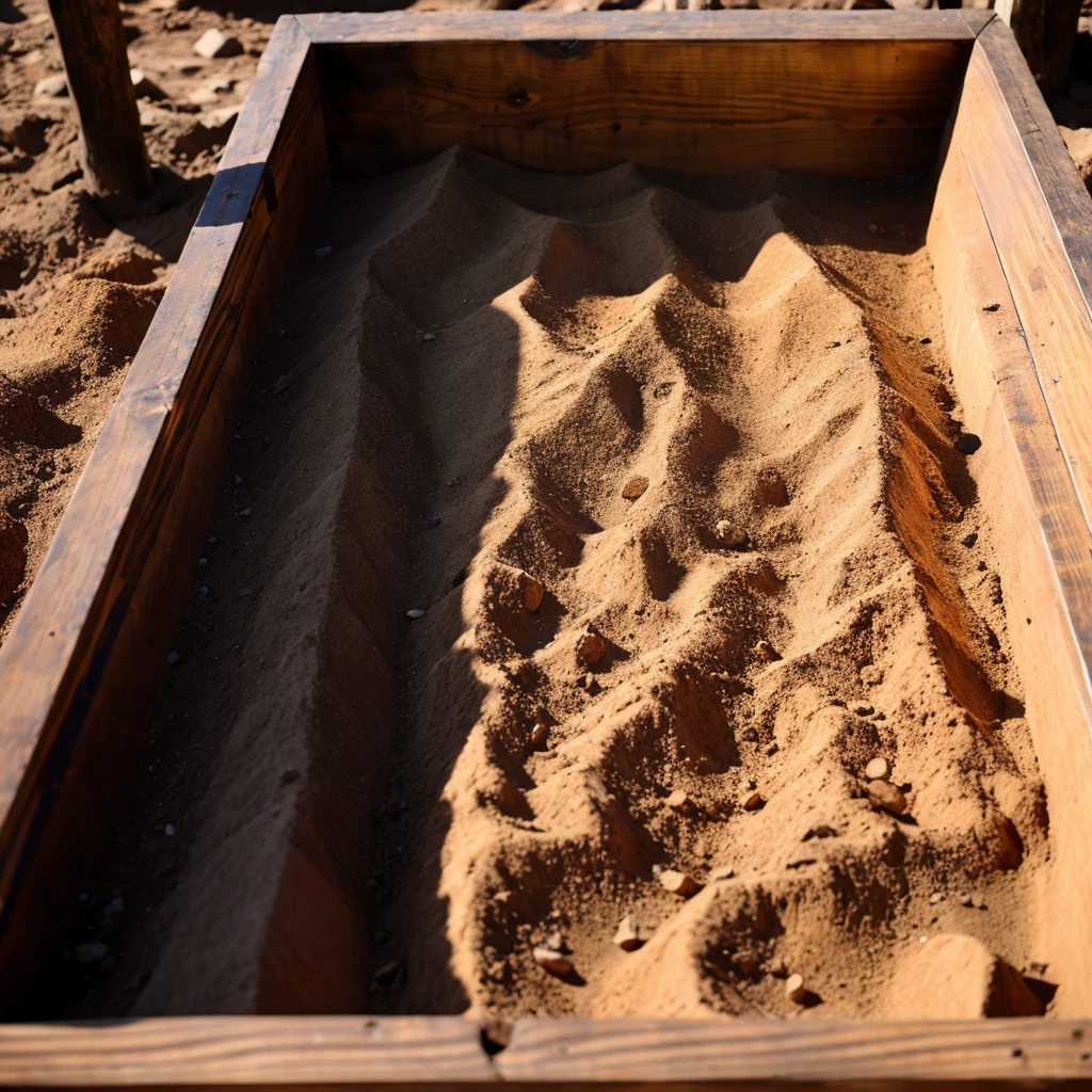 Coffin with dirt that says the Spanish word “here” in the center